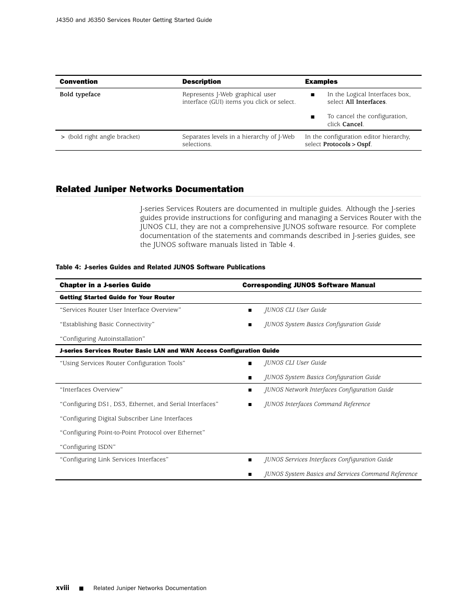 Xviii, Related juniper, Related juniper networks documentation | Juniper Networks J4350 User Manual | Page 18 / 284