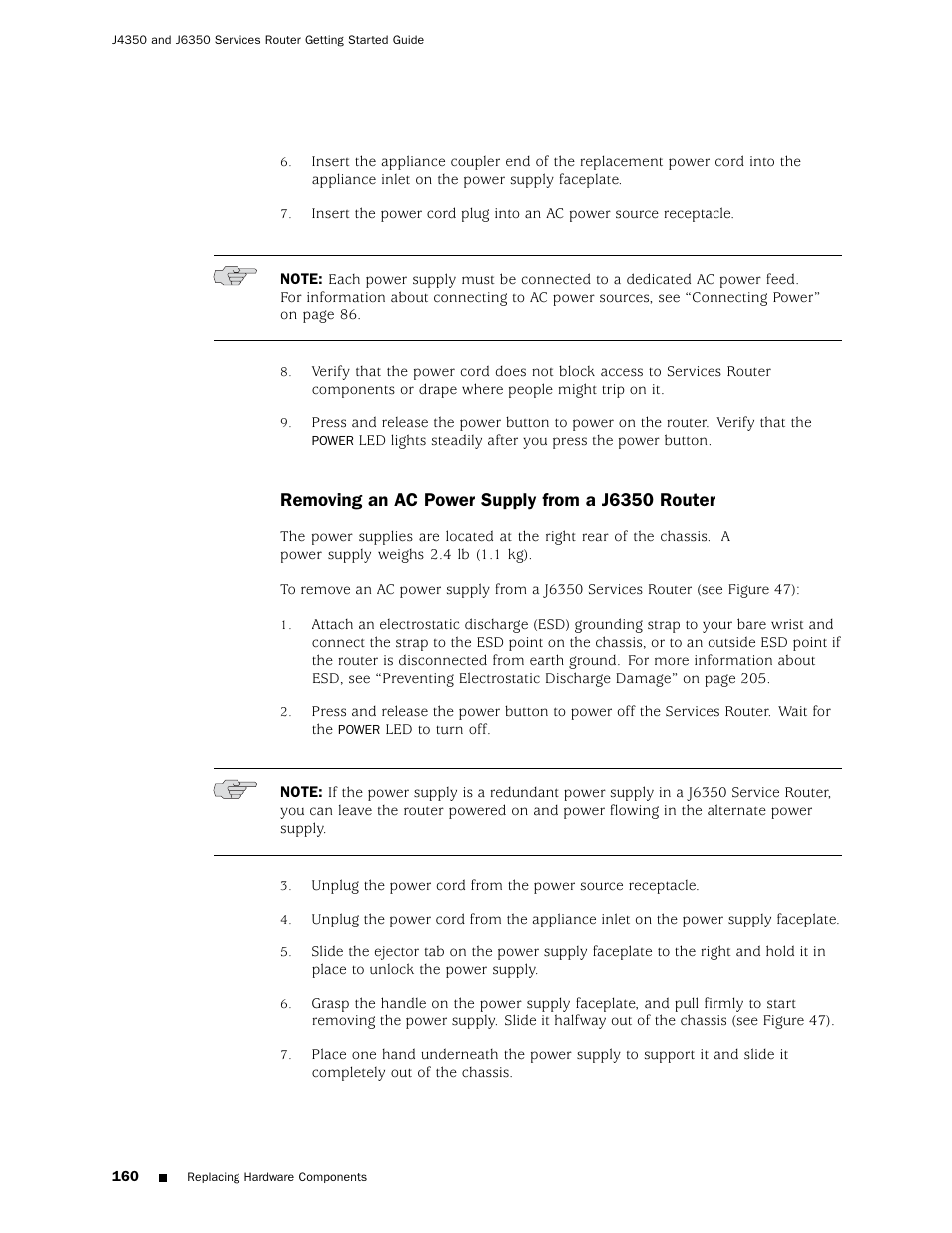 Removing an ac power supply from a j6350 router | Juniper Networks J4350 User Manual | Page 180 / 284