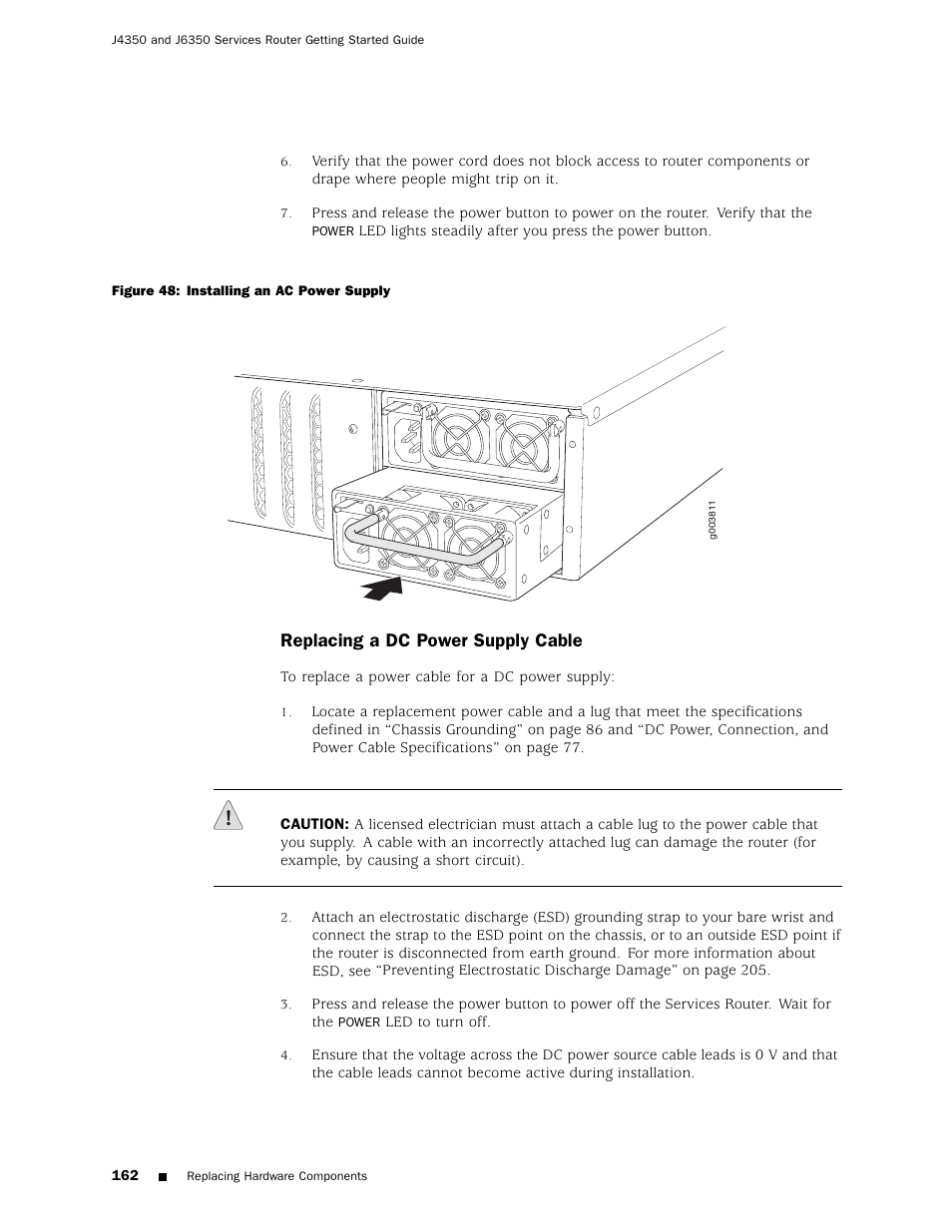 Figure 48), Replacing a dc power supply cable | Juniper Networks J4350 User Manual | Page 182 / 284