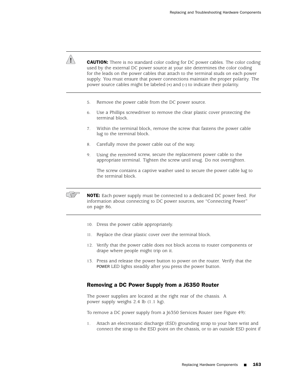 Removing a dc power supply from a j6350 router | Juniper Networks J4350 User Manual | Page 183 / 284