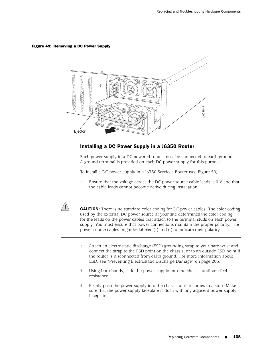 Installing a dc power supply in a j6350 router | Juniper Networks J4350 User Manual | Page 185 / 284