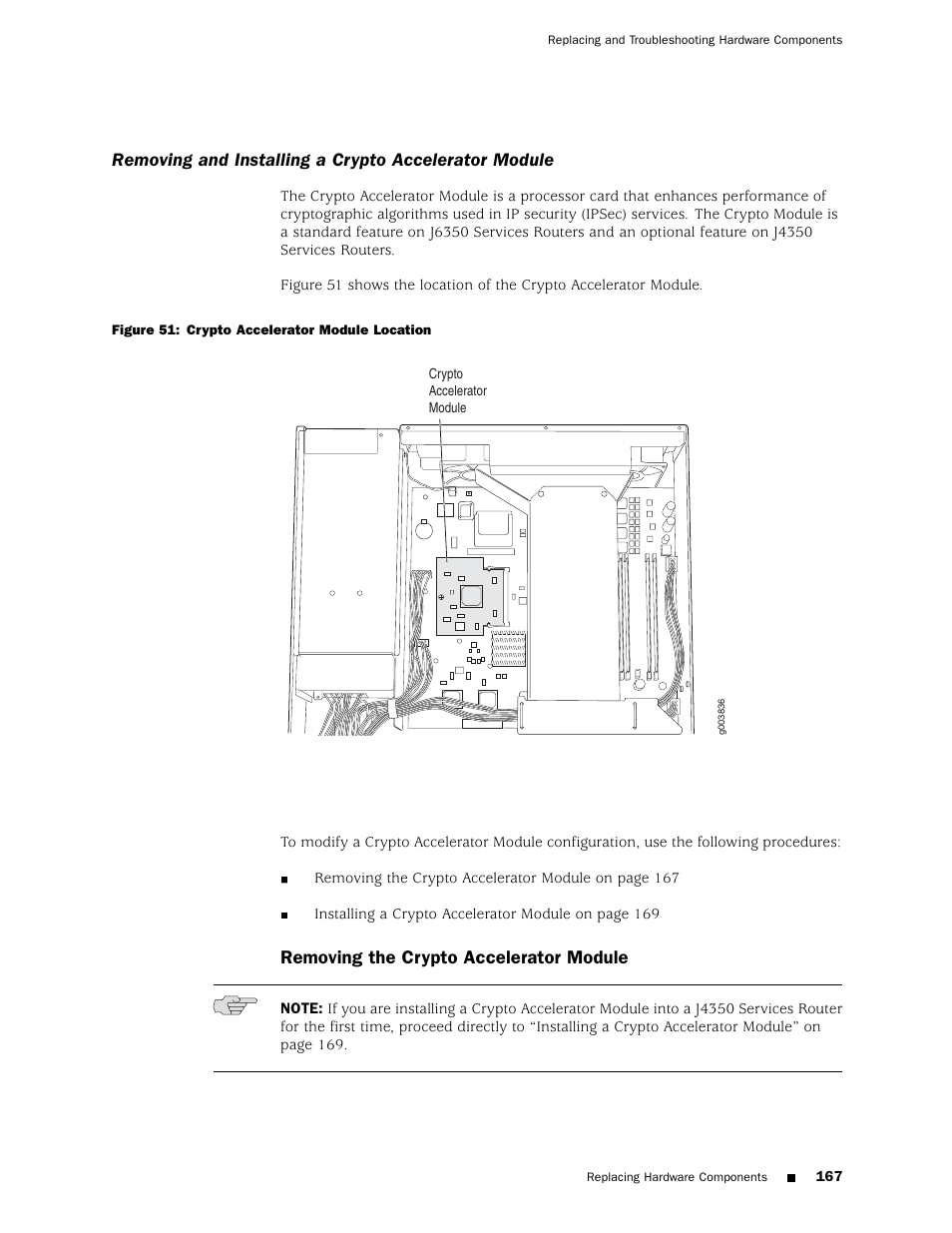 Removing the crypto accelerator module | Juniper Networks J4350 User Manual | Page 187 / 284