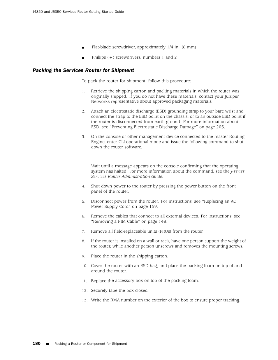 Packing the services router for shipment | Juniper Networks J4350 User Manual | Page 200 / 284