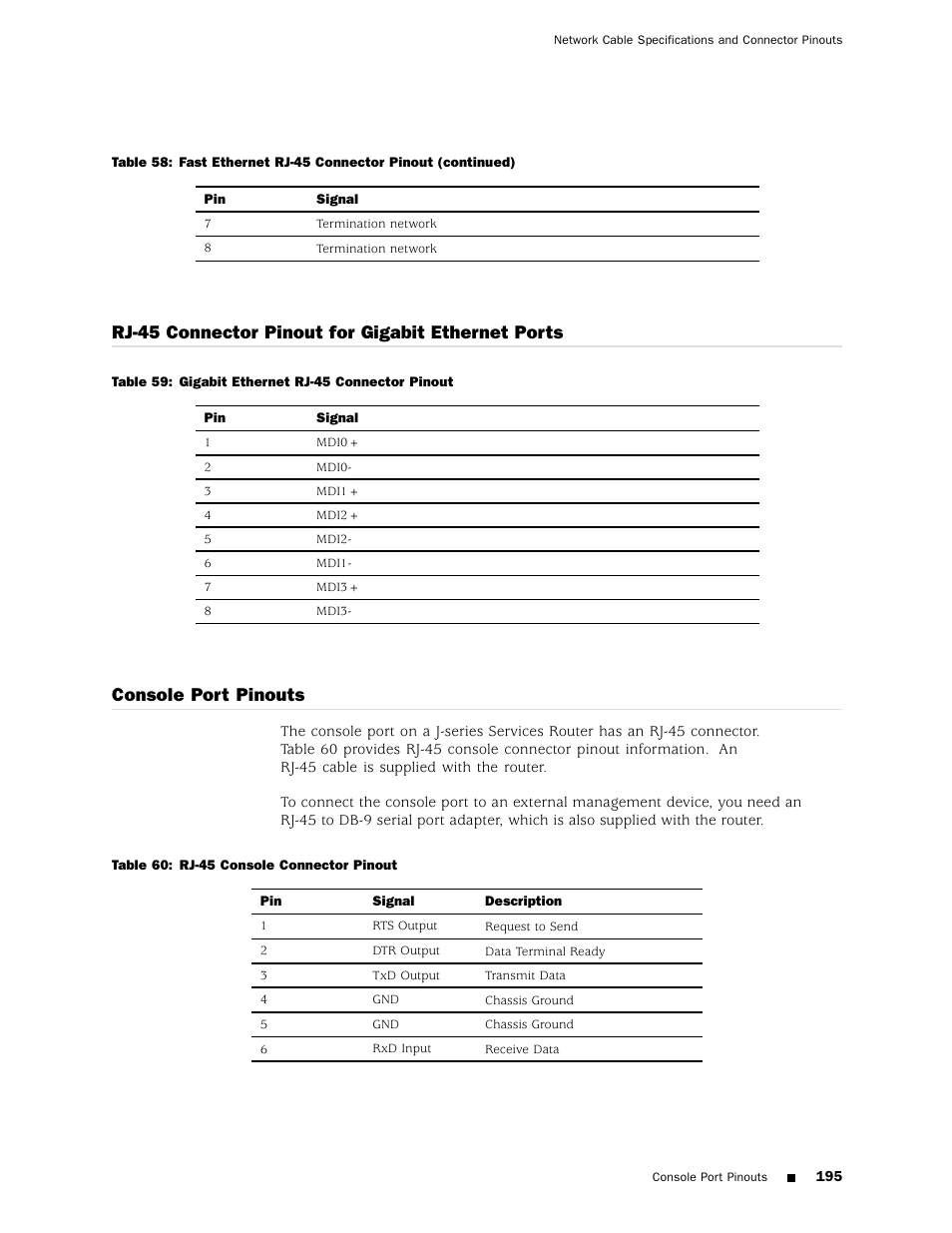 Rj-45, Rj-45 connector pinout for gigabit ethernet ports, Console port pinouts | Juniper Networks J4350 User Manual | Page 215 / 284