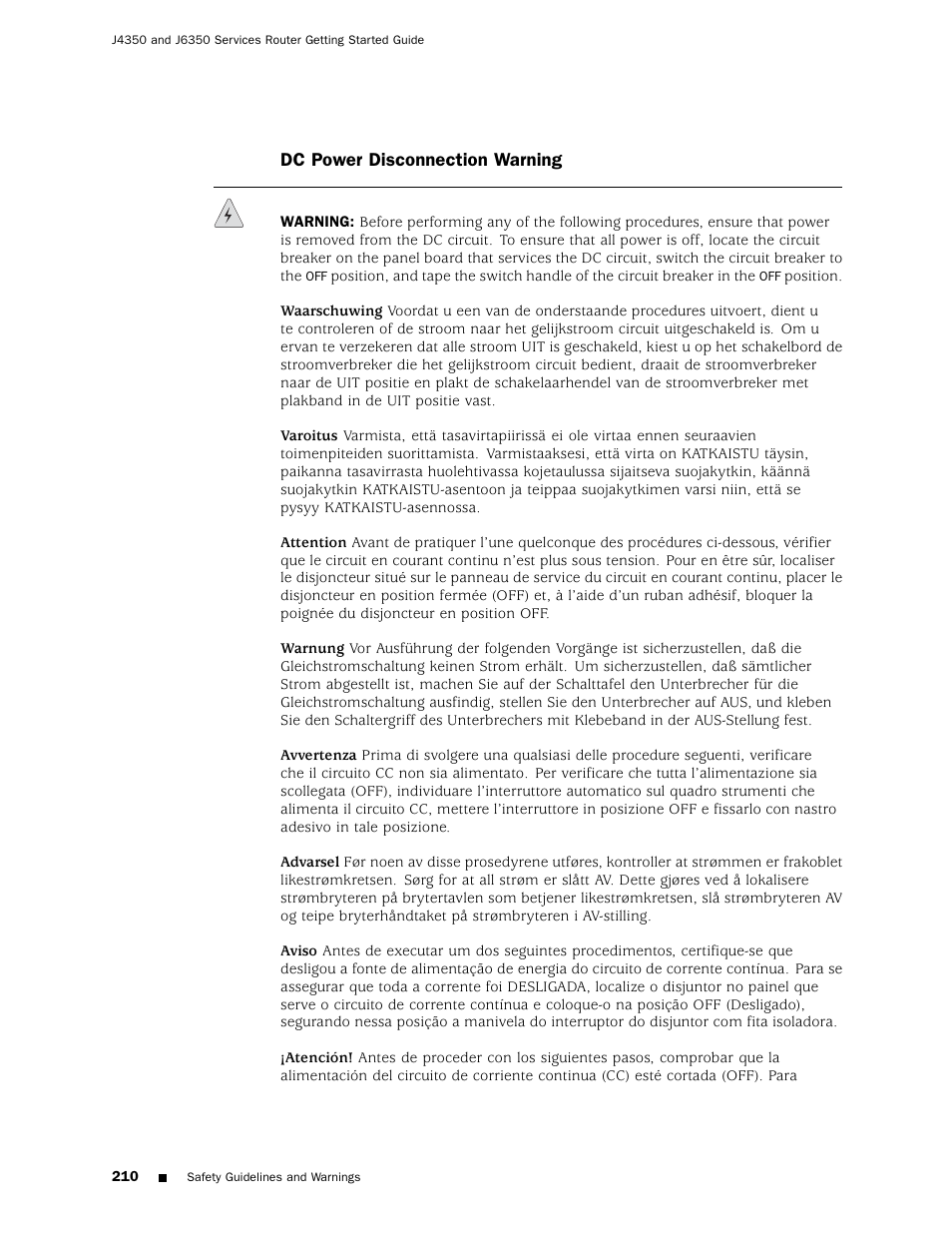 Dc power disconnection warning | Juniper Networks J4350 User Manual | Page 230 / 284