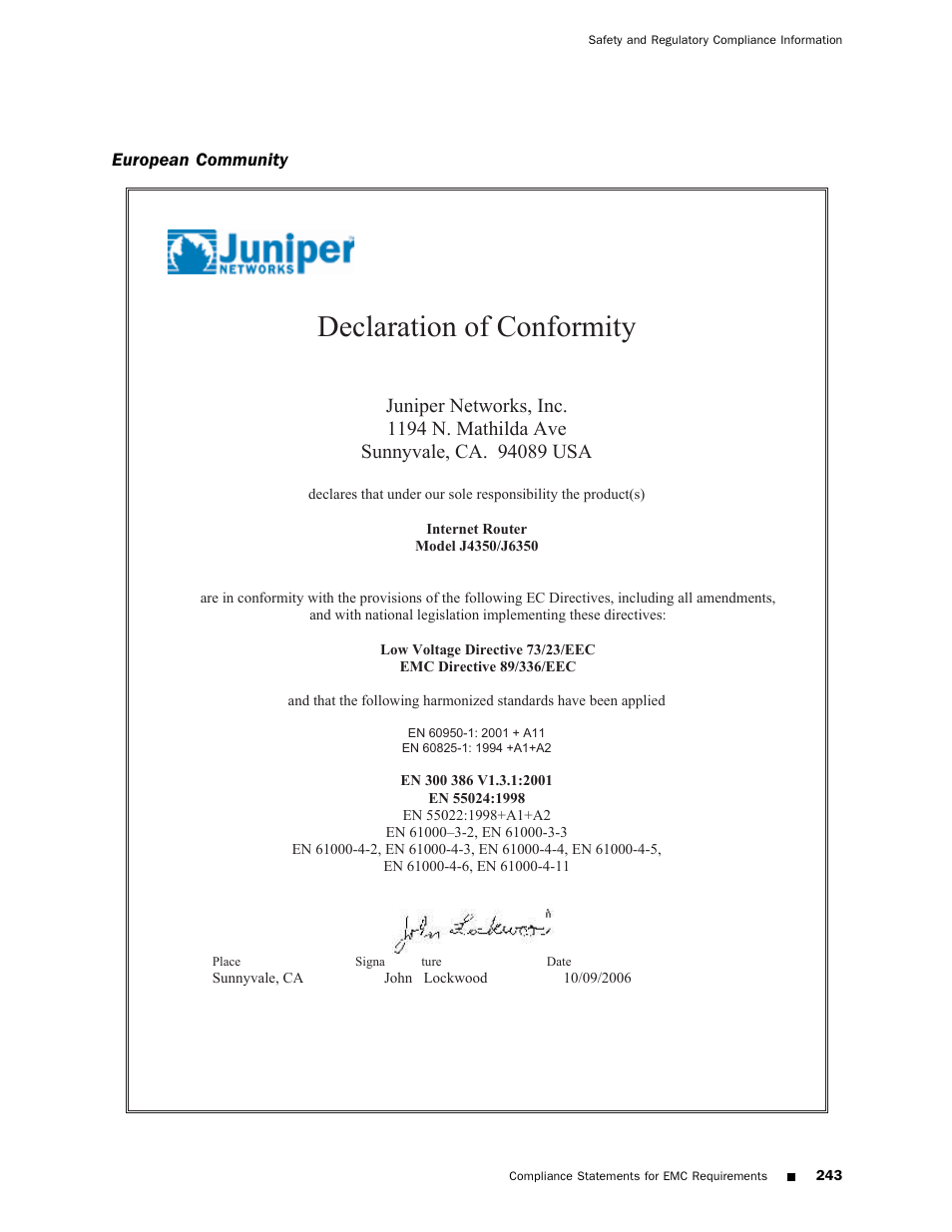 Declaration of conformity | Juniper Networks J4350 User Manual | Page 263 / 284