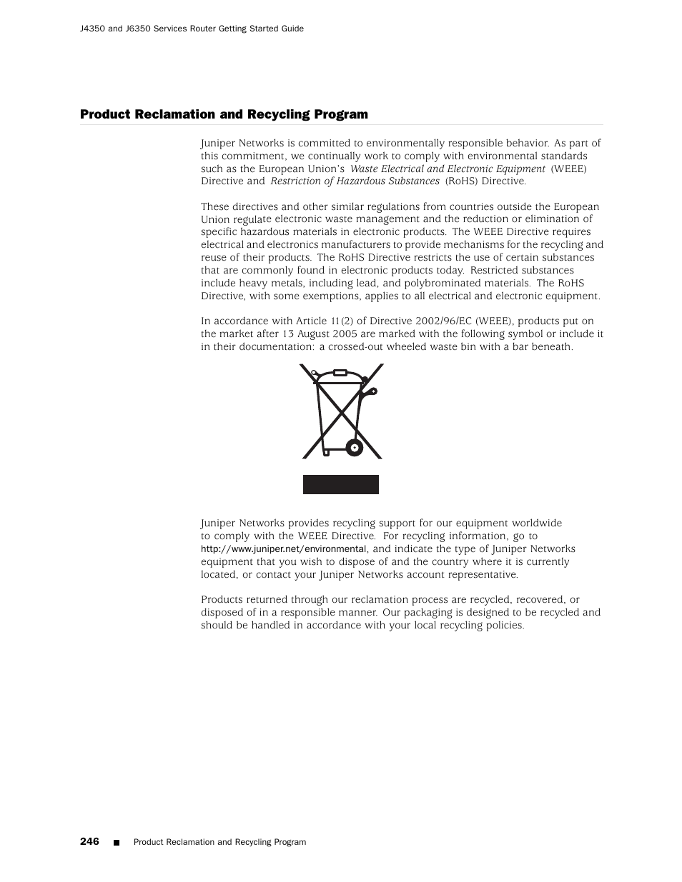 Product reclamation and recycling program | Juniper Networks J4350 User Manual | Page 266 / 284