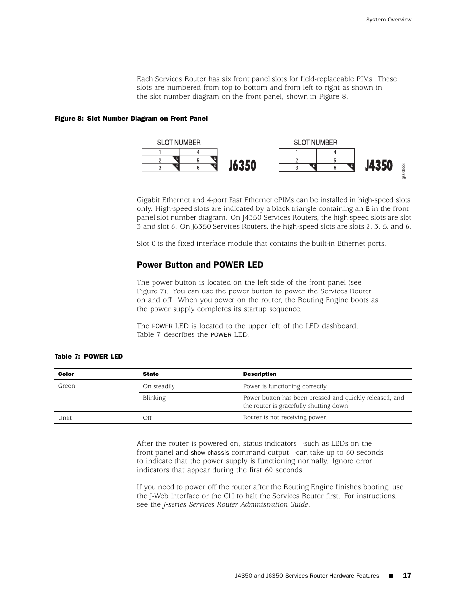 Power button and power led | Juniper Networks J4350 User Manual | Page 37 / 284