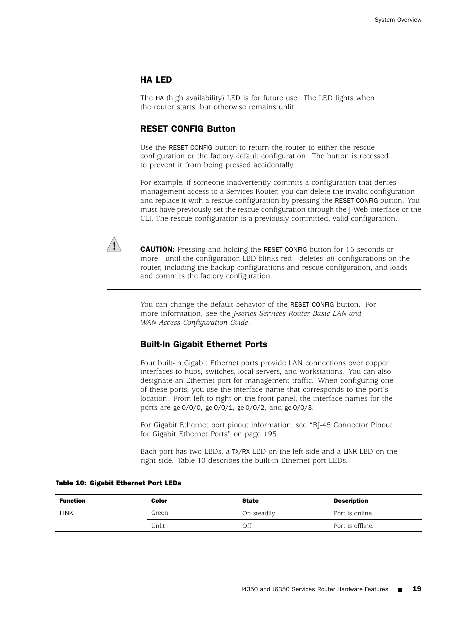 Ha led, Reset config button, Built-in gigabit ethernet ports | Juniper Networks J4350 User Manual | Page 39 / 284