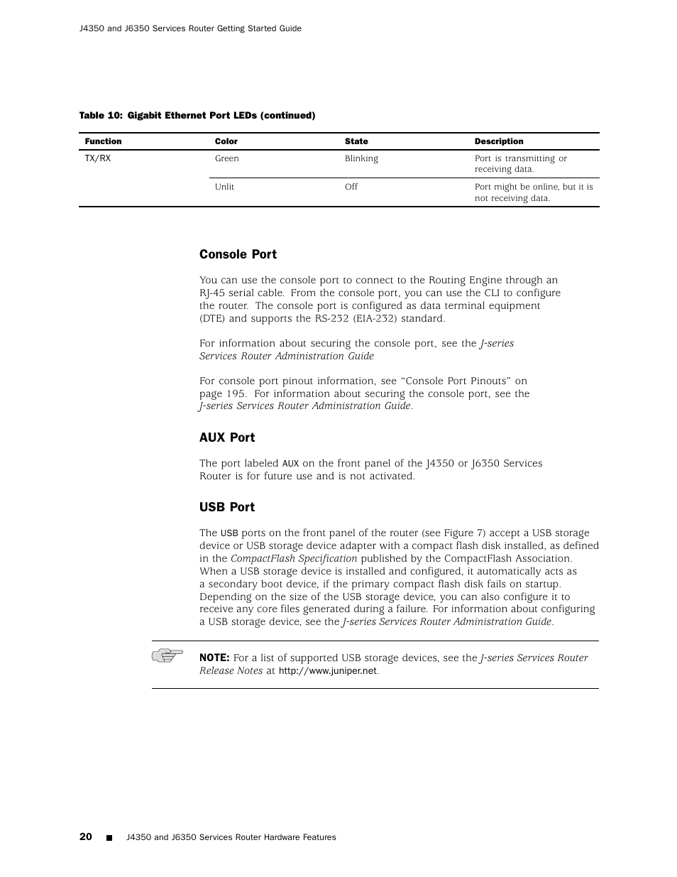 Console port, Aux port, Usb port | Juniper Networks J4350 User Manual | Page 40 / 284