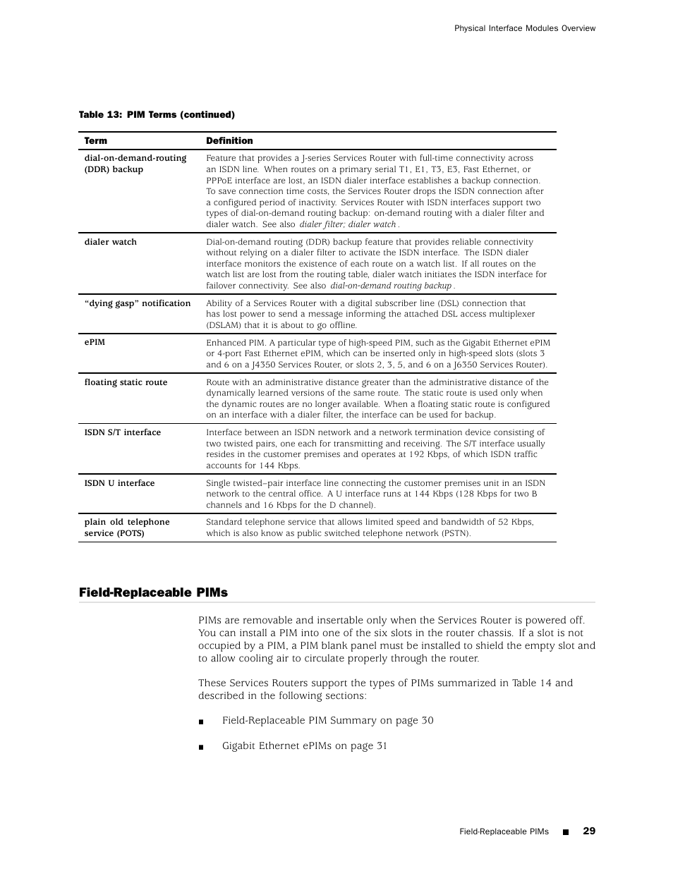 Field-replaceable pims | Juniper Networks J4350 User Manual | Page 49 / 284