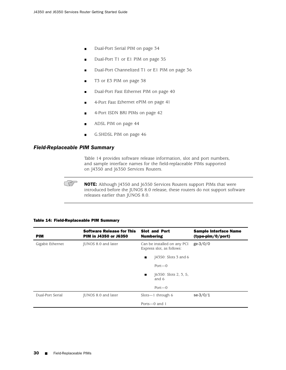 Table 14, Field-replaceable pim summary | Juniper Networks J4350 User Manual | Page 50 / 284