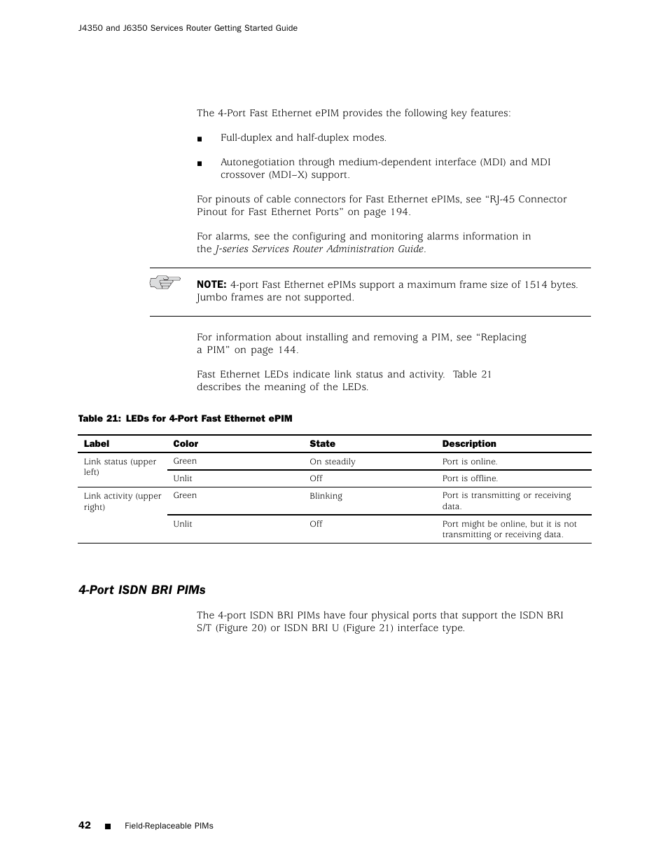 Port isdn bri pims | Juniper Networks J4350 User Manual | Page 62 / 284