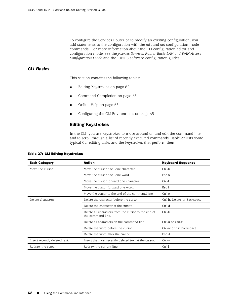 Cli basics, Editing keystrokes | Juniper Networks J4350 User Manual | Page 82 / 284