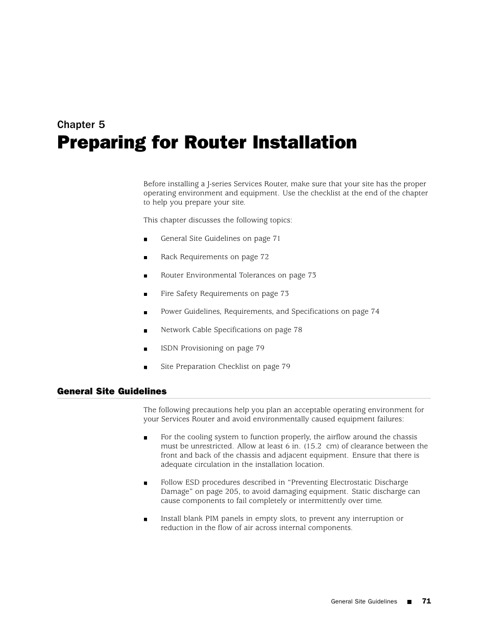 Preparing for router installation, Chapter 5 | Juniper Networks J4350 User Manual | Page 91 / 284