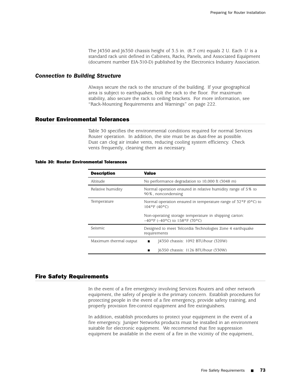 Connection to building structure, Router environmental tolerances, Fire safety requirements | Juniper Networks J4350 User Manual | Page 93 / 284