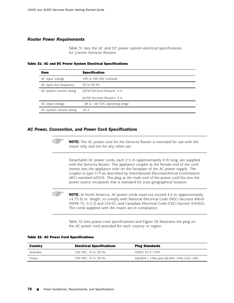 Router power requirements | Juniper Networks J4350 User Manual | Page 96 / 284