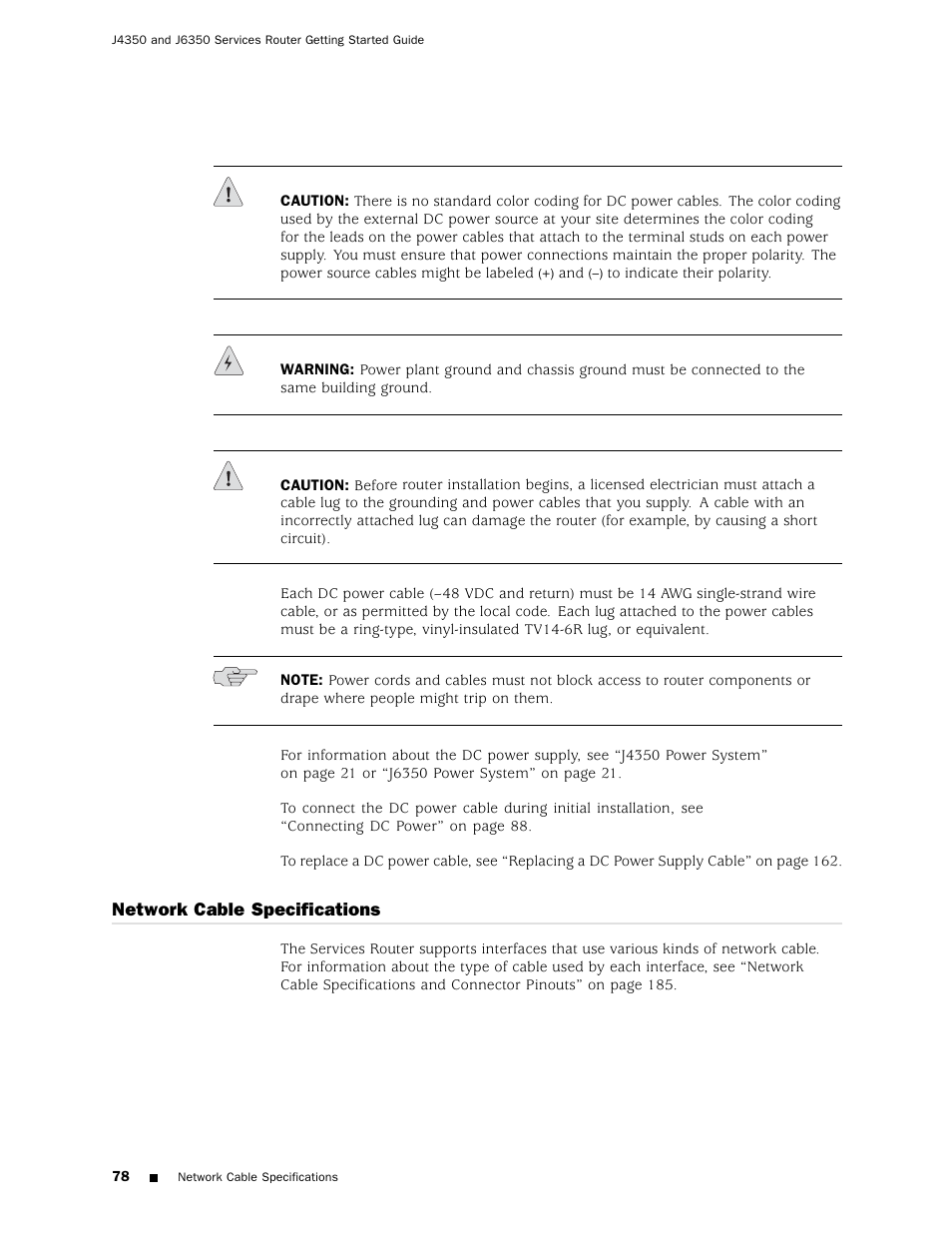 Network cable specifications | Juniper Networks J4350 User Manual | Page 98 / 284