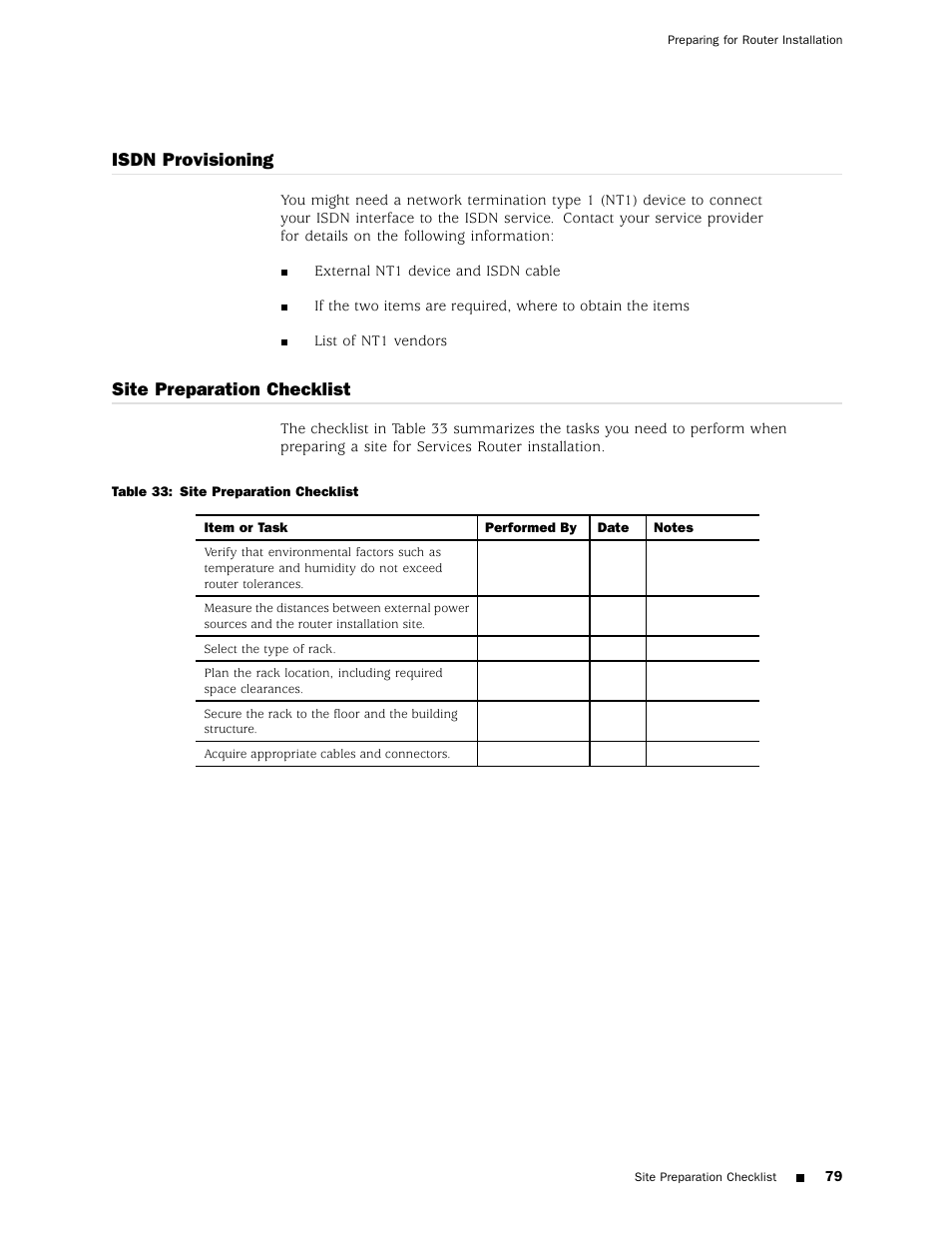 Isdn provisioning, Site preparation checklist | Juniper Networks J4350 User Manual | Page 99 / 284