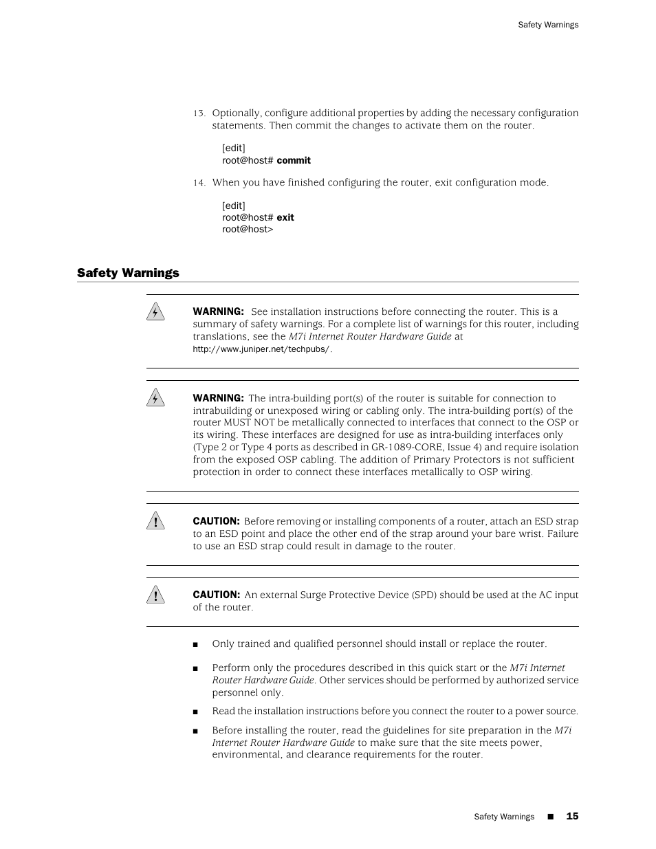 Safety warnings | Juniper Networks Juniper M-series M7i User Manual | Page 15 / 23