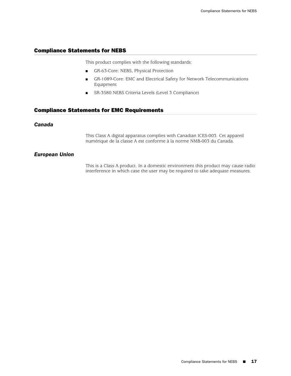 Compliance statements for nebs, Compliance statements for emc requirements, Canada | European union, Canada european union, Compliance statements for emc requirements canada | Juniper Networks Juniper M-series M7i User Manual | Page 17 / 23