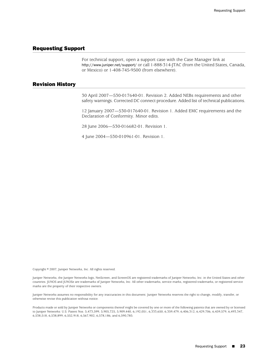 Requesting support, Requesting support revision history, Revision history | Juniper Networks Juniper M-series M7i User Manual | Page 23 / 23