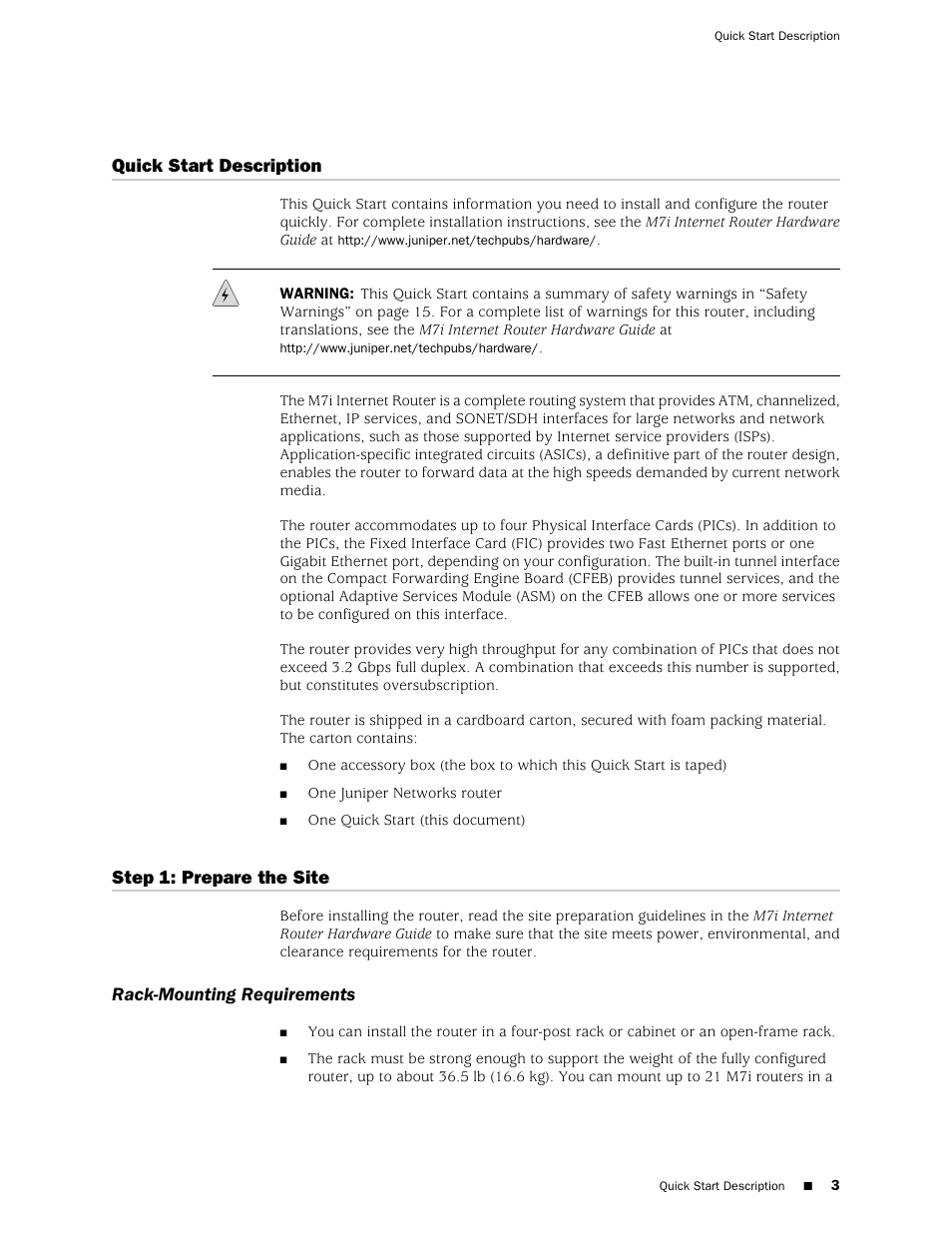 Quick start description, Step 1: prepare the site, Rack-mounting requirements | Quick start description step 1: prepare the site | Juniper Networks Juniper M-series M7i User Manual | Page 3 / 23