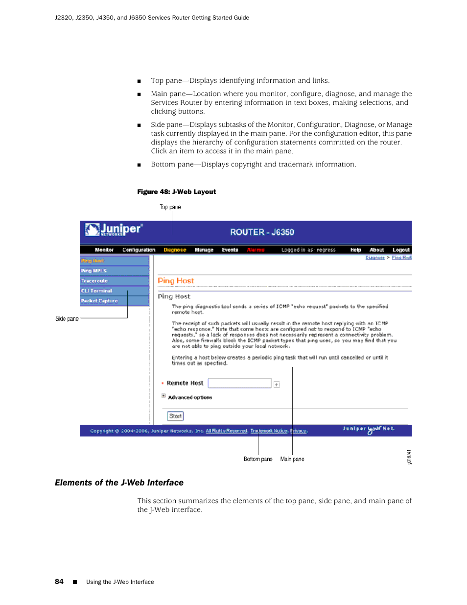 Elements of the j-web interface | Juniper Networks J-series Services Router J2320 User Manual | Page 106 / 332