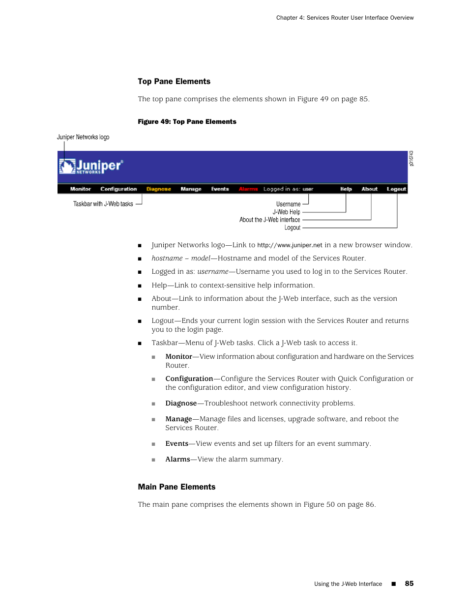 Top pane elements, Main pane elements, Top pane elements main pane elements | Juniper Networks J-series Services Router J2320 User Manual | Page 107 / 332