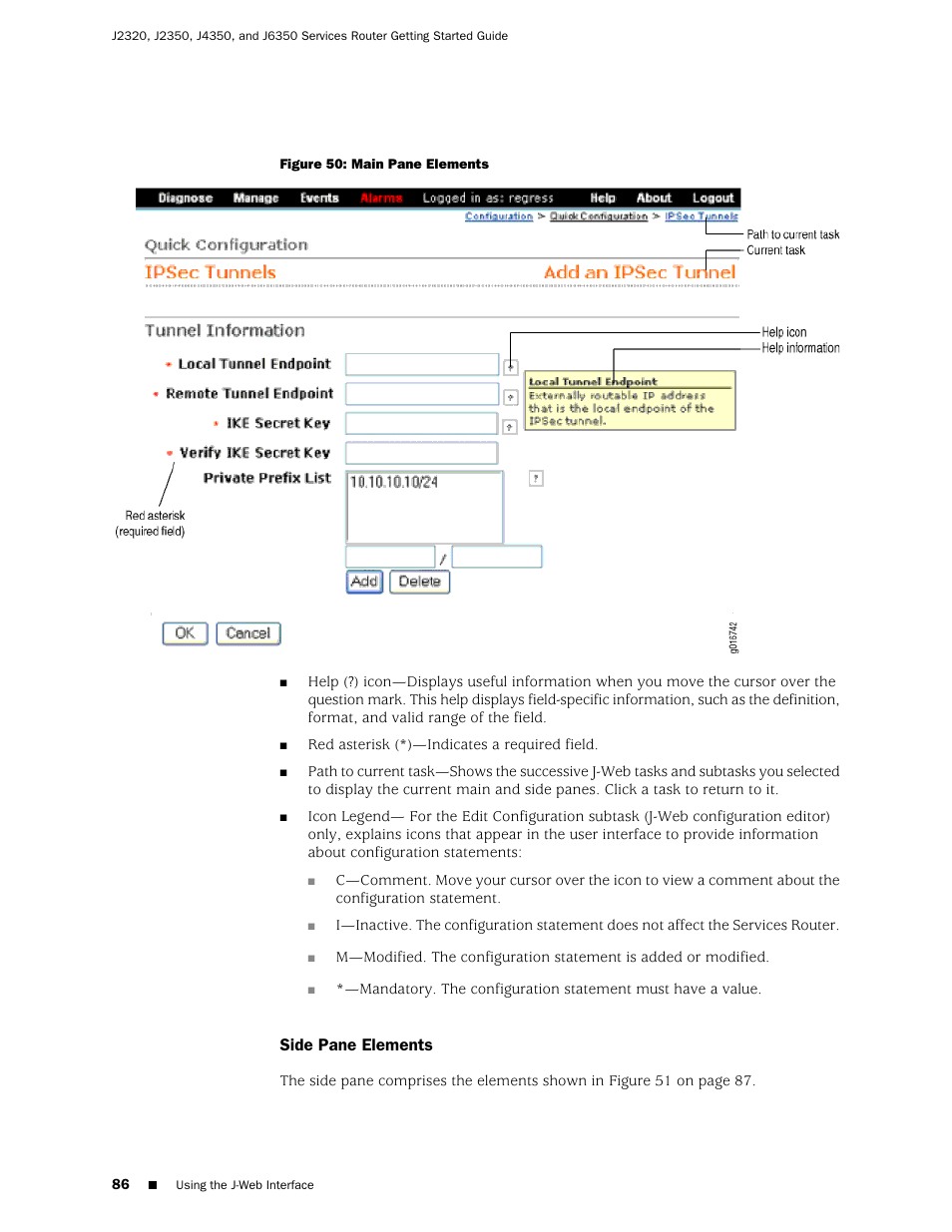 Side pane elements | Juniper Networks J-series Services Router J2320 User Manual | Page 108 / 332