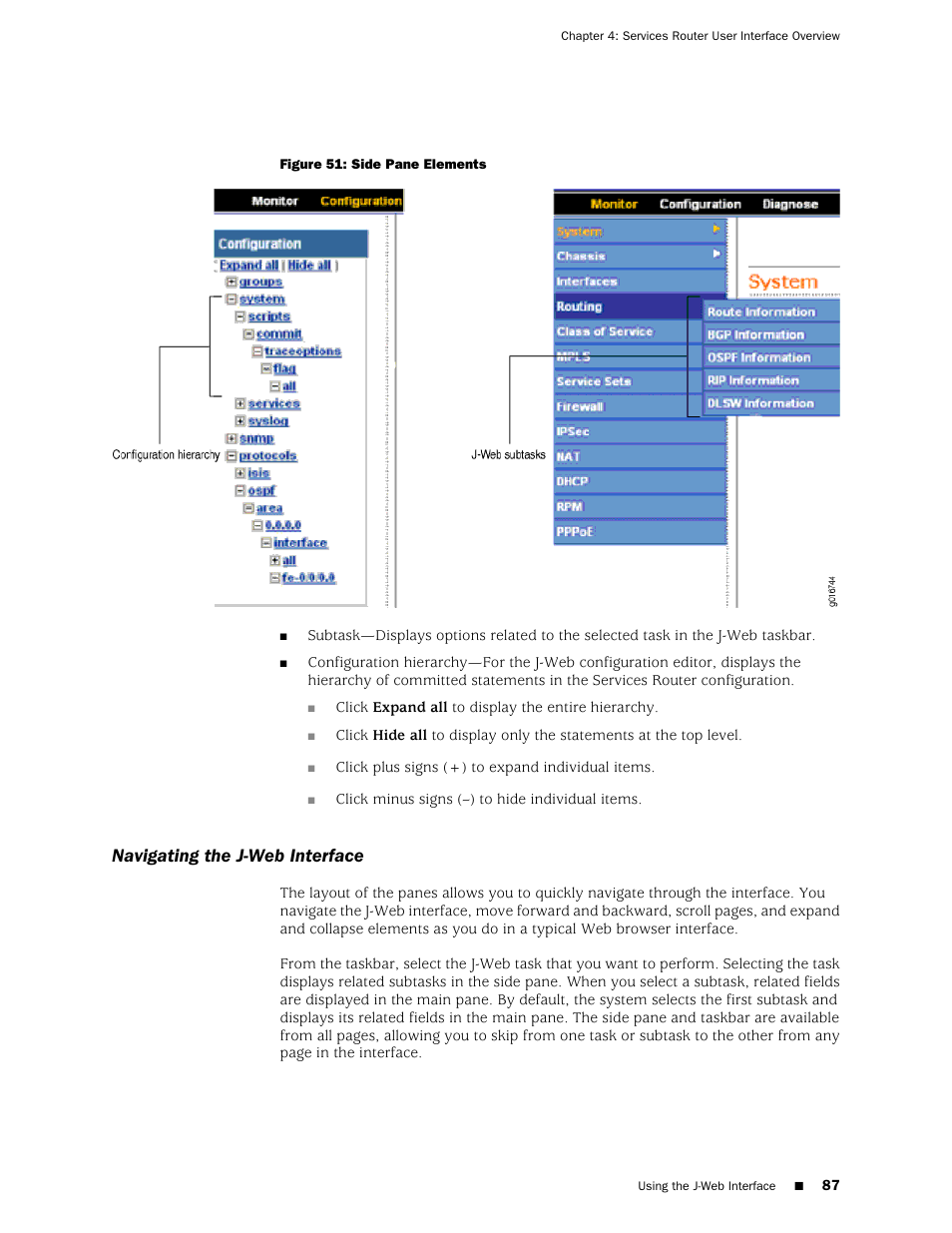 Navigating the j-web interface | Juniper Networks J-series Services Router J2320 User Manual | Page 109 / 332