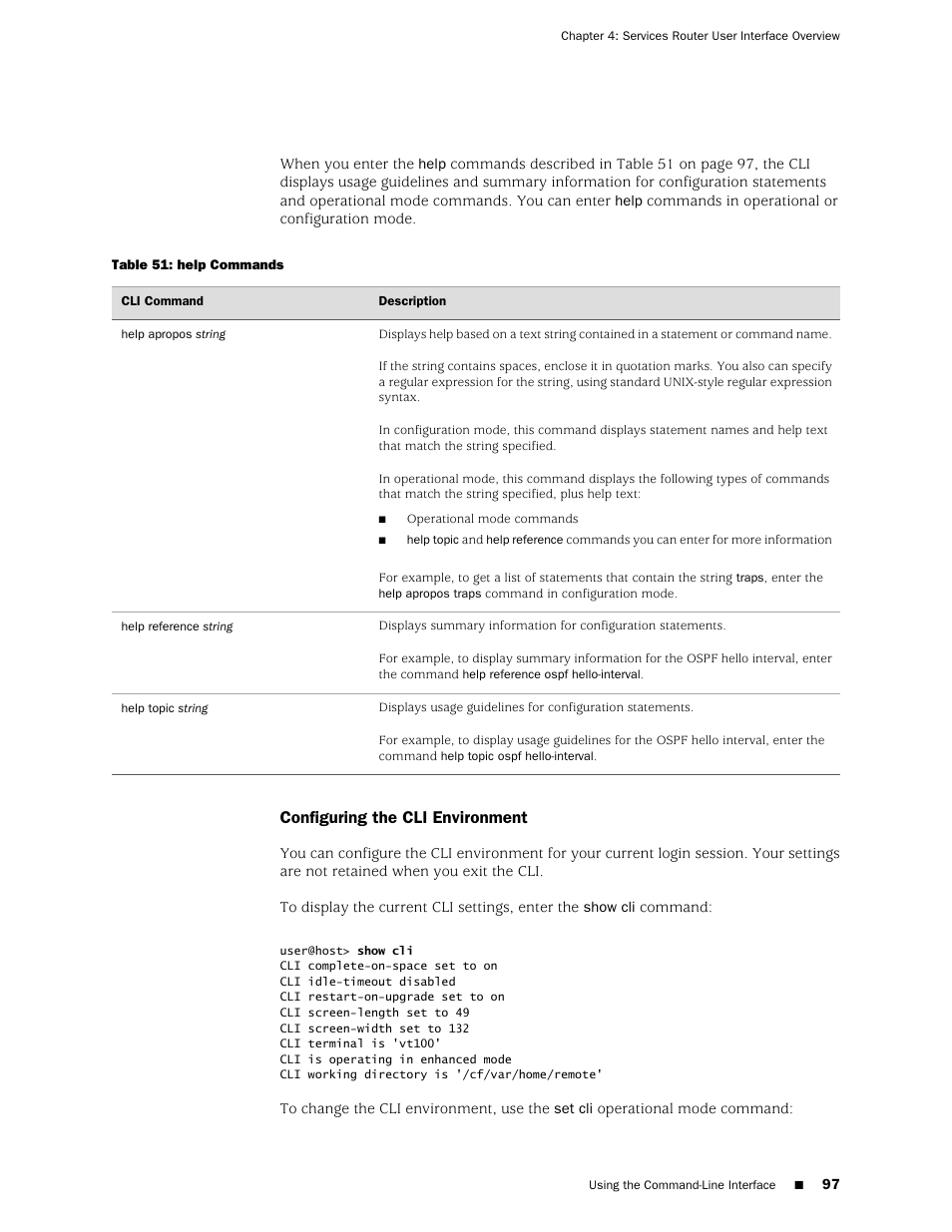 Configuring the cli environment | Juniper Networks J-series Services Router J2320 User Manual | Page 119 / 332