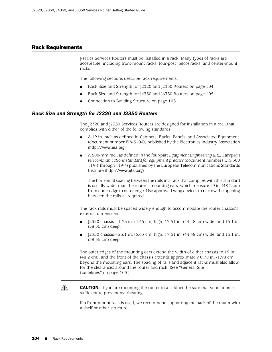 Rack requirements, Rack size and strength for j2320 and j2350 routers | Juniper Networks J-series Services Router J2320 User Manual | Page 126 / 332