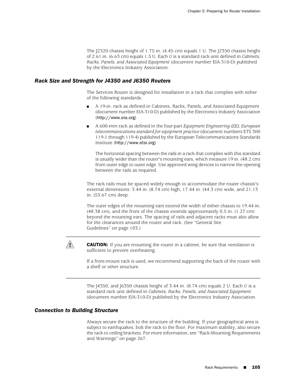 Rack size and strength for j4350 and j6350 routers, Connection to building structure, 105 connection to building structure | Juniper Networks J-series Services Router J2320 User Manual | Page 127 / 332
