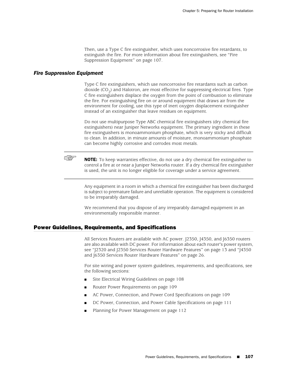 Fire suppression equipment, Power guidelines, requirements, and specifications | Juniper Networks J-series Services Router J2320 User Manual | Page 129 / 332