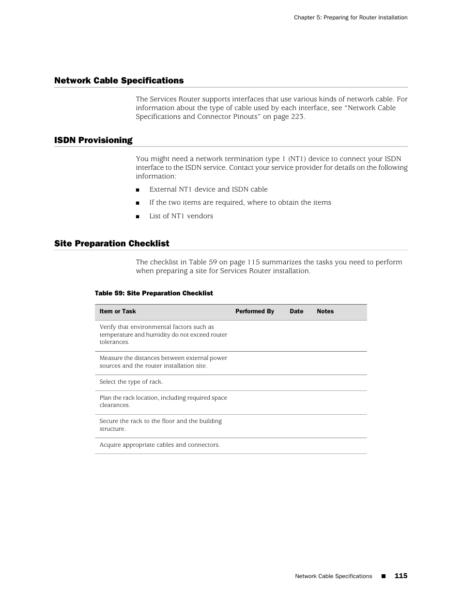 Network cable specifications, Isdn provisioning, Site preparation checklist | 115 isdn provisioning, 115 site preparation checklist | Juniper Networks J-series Services Router J2320 User Manual | Page 137 / 332