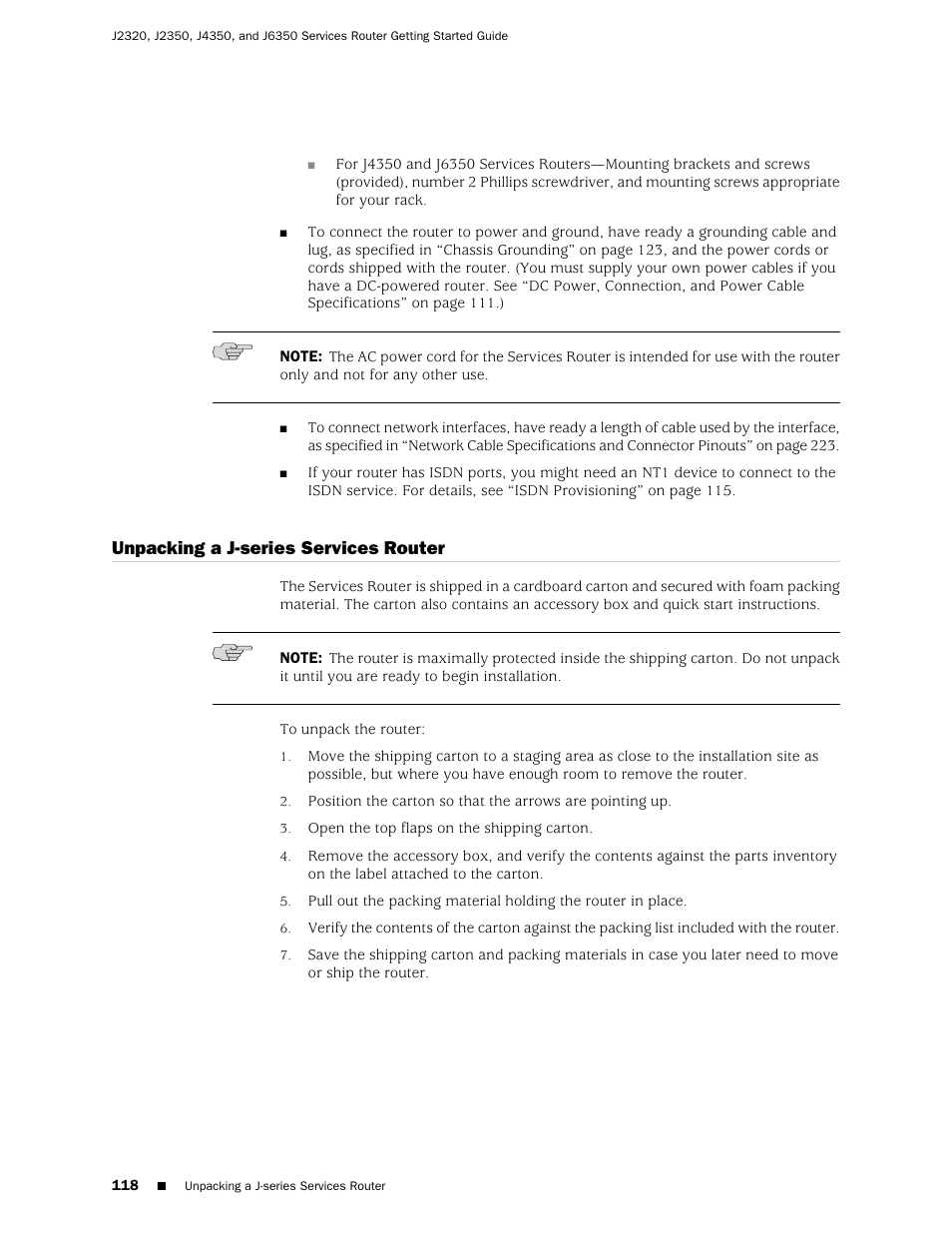 Unpacking a j-series services router | Juniper Networks J-series Services Router J2320 User Manual | Page 140 / 332