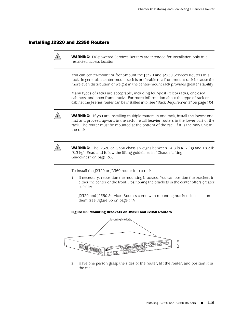 Installing j2320 and j2350 routers | Juniper Networks J-series Services Router J2320 User Manual | Page 141 / 332