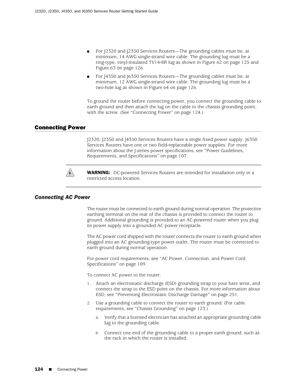 Connecting power, Connecting ac power | Juniper Networks J-series Services Router J2320 User Manual | Page 146 / 332