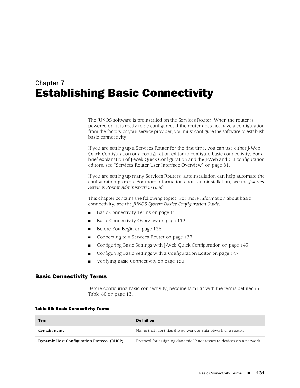 Establishing basic connectivity, Basic connectivity terms, Chapter 7 | Juniper Networks J-series Services Router J2320 User Manual | Page 153 / 332