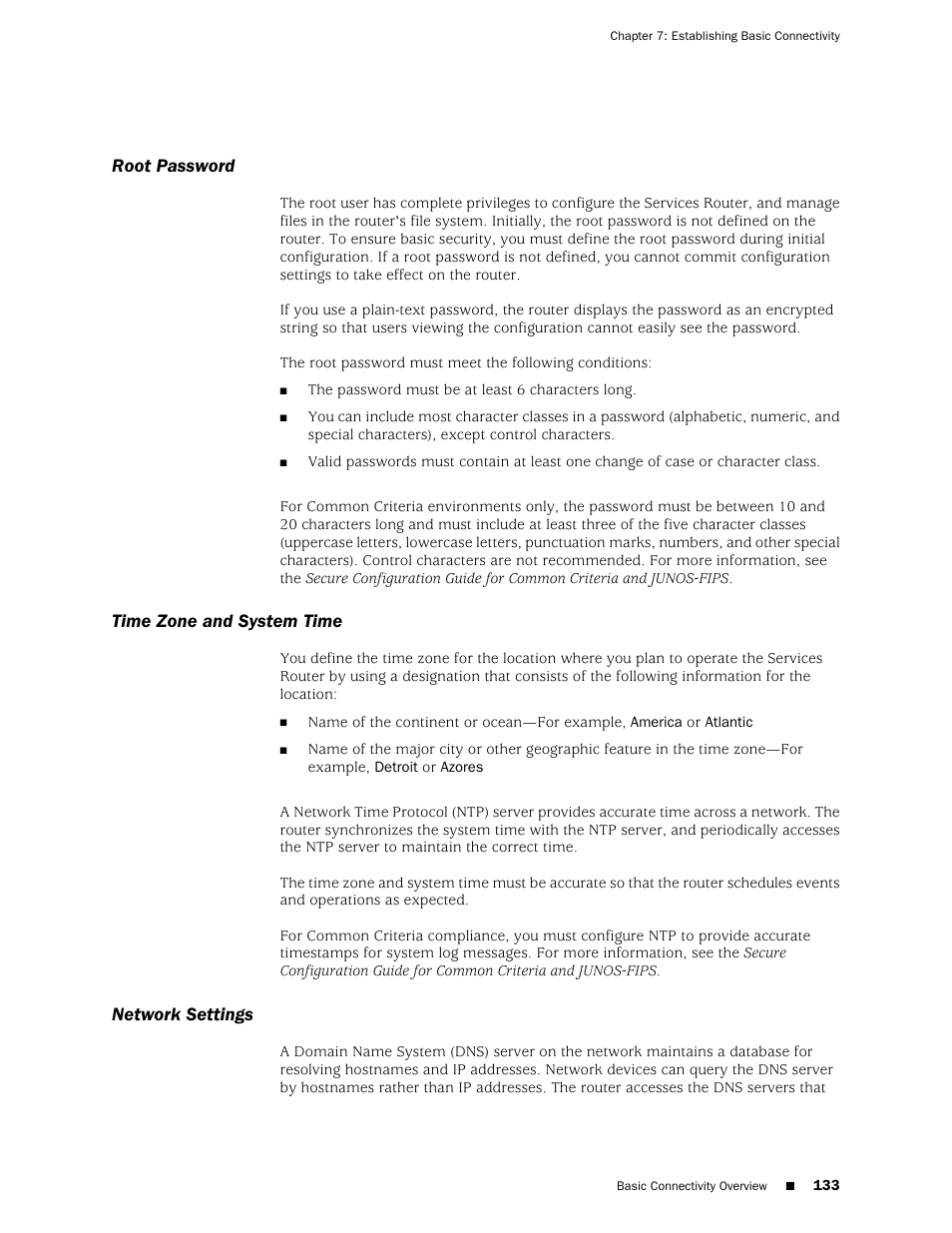 Root password, Time zone and system time, Network settings | 133 time zone and system time, 133 network settings | Juniper Networks J-series Services Router J2320 User Manual | Page 155 / 332