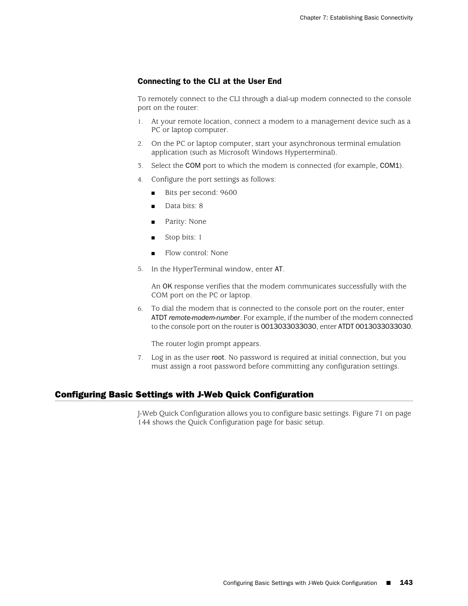 Connecting to the cli at the user end | Juniper Networks J-series Services Router J2320 User Manual | Page 165 / 332