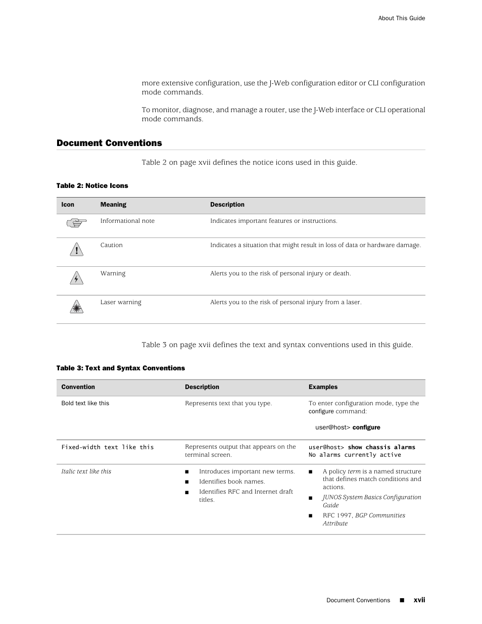 Document conventions, Xvii | Juniper Networks J-series Services Router J2320 User Manual | Page 17 / 332