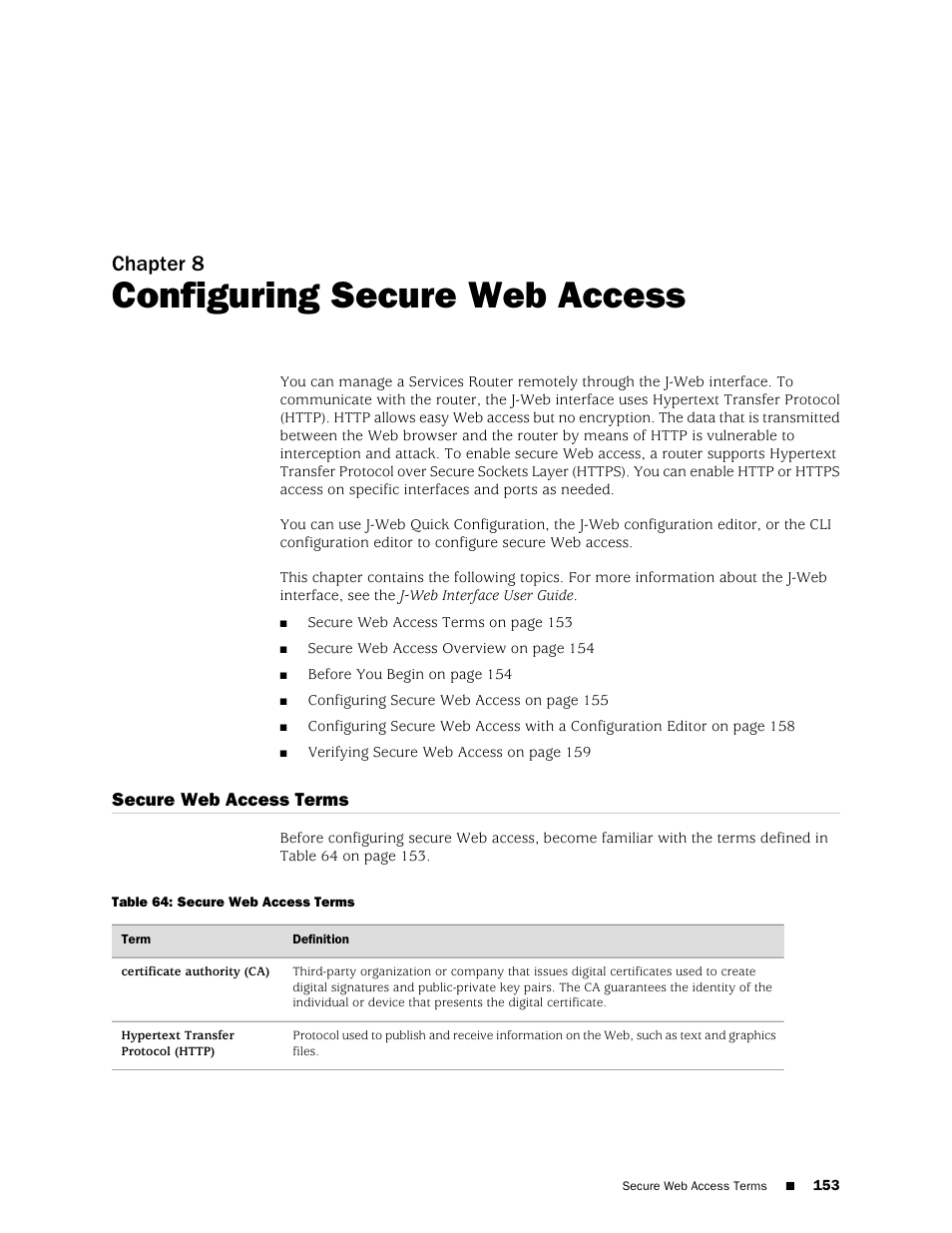 Configuring secure web access, Secure web access terms, Chapter 8 | Juniper Networks J-series Services Router J2320 User Manual | Page 175 / 332
