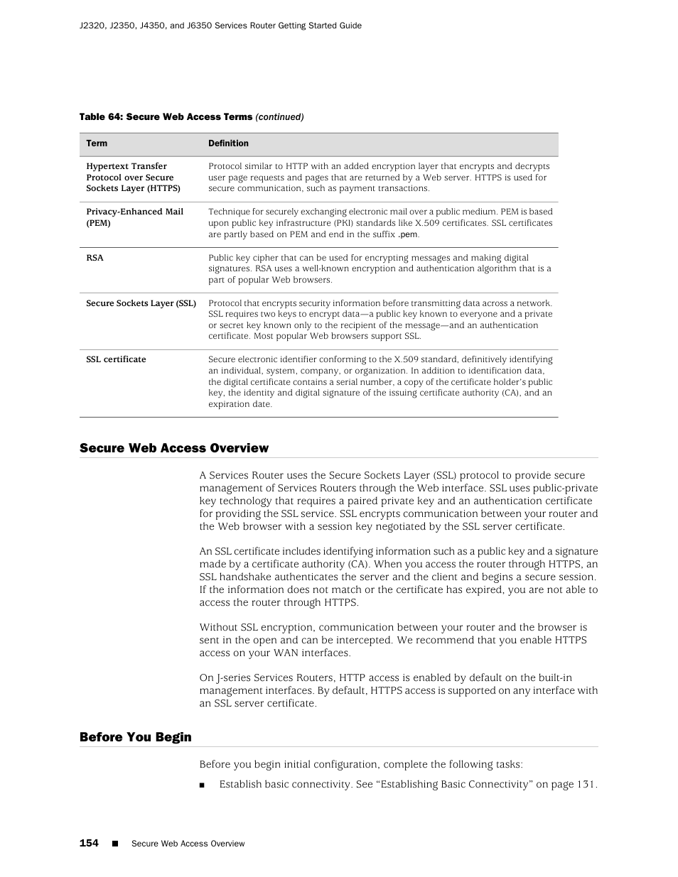 Secure web access overview, Before you begin, 154 before you begin | Juniper Networks J-series Services Router J2320 User Manual | Page 176 / 332