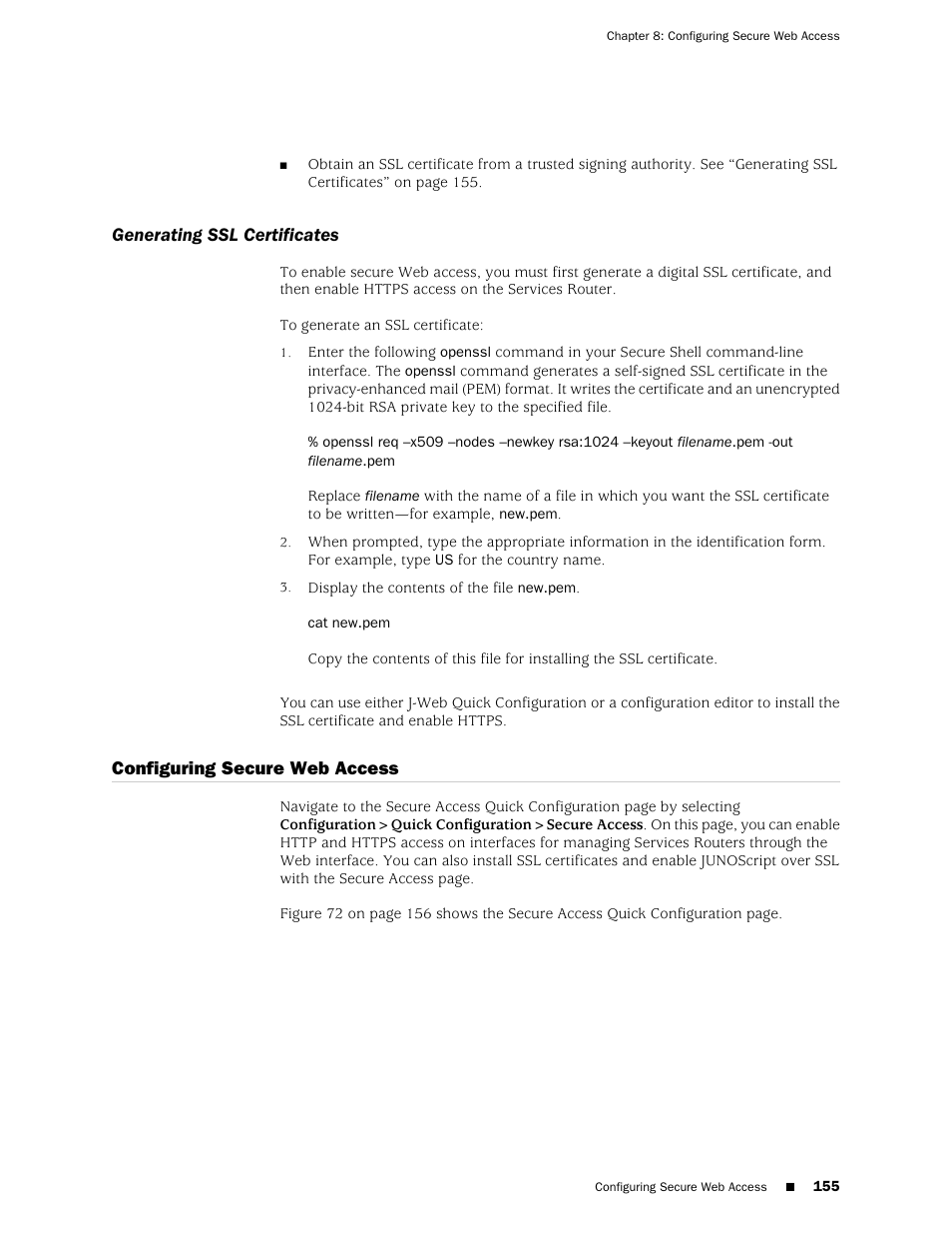 Generating ssl certificates, Configuring secure web access | Juniper Networks J-series Services Router J2320 User Manual | Page 177 / 332