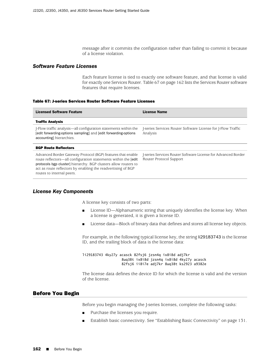 Software feature licenses, License key components, Before you begin | 162 license key components | Juniper Networks J-series Services Router J2320 User Manual | Page 184 / 332