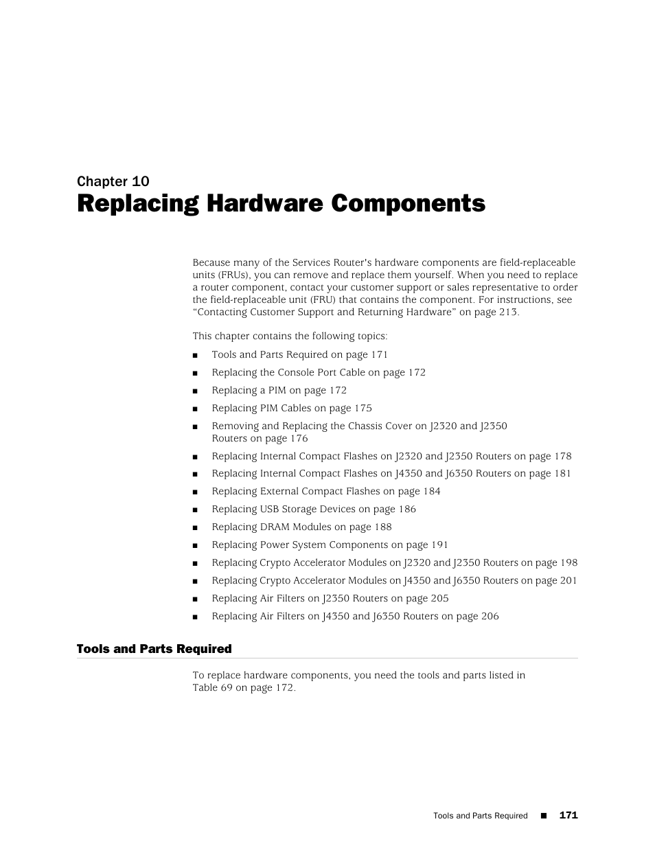Replacing hardware components, Tools and parts required, Chapter 10 | Juniper Networks J-series Services Router J2320 User Manual | Page 193 / 332