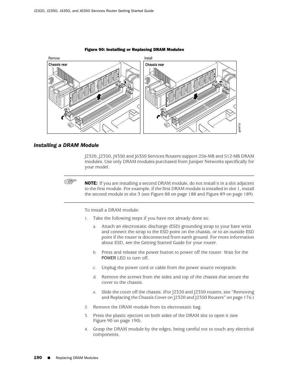 Installing a dram module | Juniper Networks J-series Services Router J2320 User Manual | Page 212 / 332