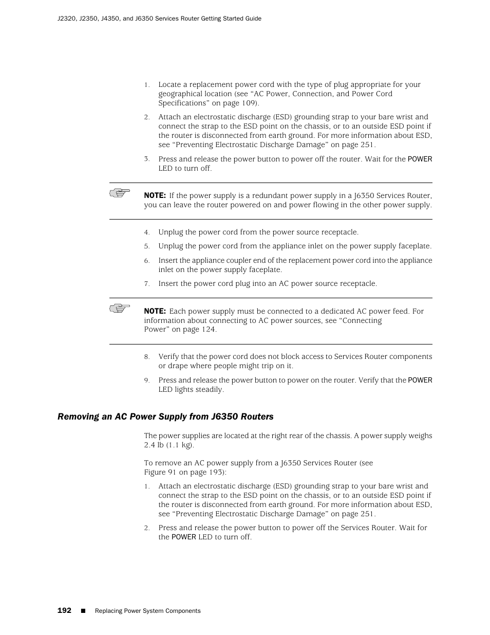 Removing an ac power supply from j6350 routers | Juniper Networks J-series Services Router J2320 User Manual | Page 214 / 332